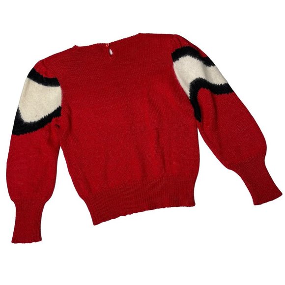 Vintage 80s Red White Black Fuzzy Sweater Medium Long Sleeve - Picture 3 of 8